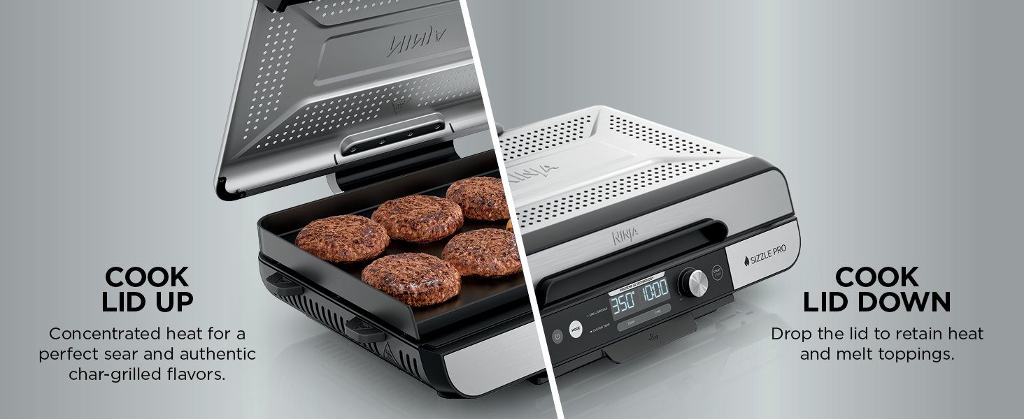 Ninja Sizzle Pro XL Indoor Grill & Flat Plate – Non-Stick Ceramic Plates, Detachable Lid, Grease Catch & Recipe Guide (Silver/Black GX101UK) - Bild 3