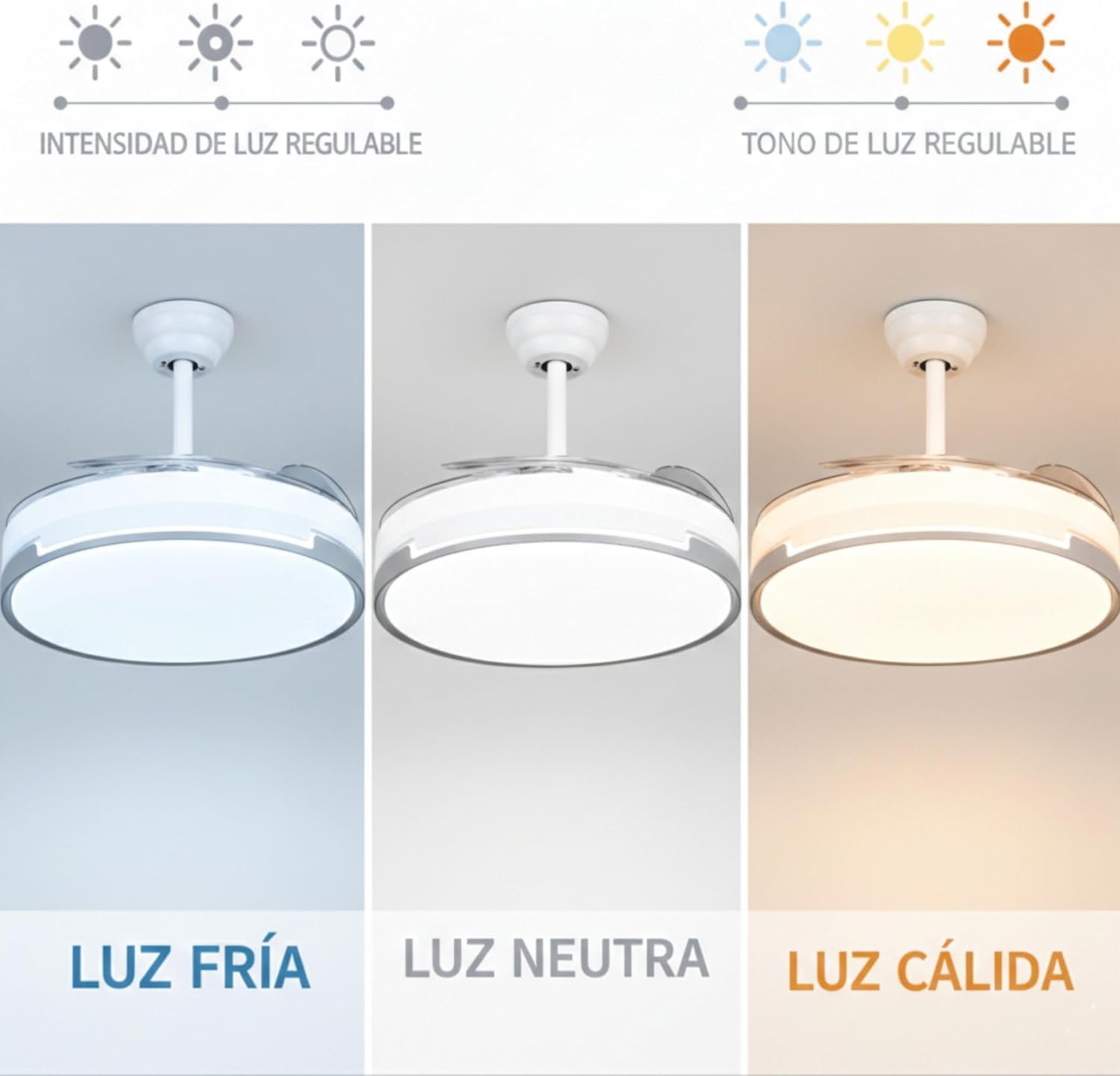 Ventilador de techo 72W con luz LED 36W+DC36W en 3 Temperaturas de Luz con Mando a Distancia -Motor DC Eficiente y Silencioso, 3 tonalidades, aspas desplegables retráctiles, 6 velocidades, control remoto, memoria, temporizador - Imagen 4